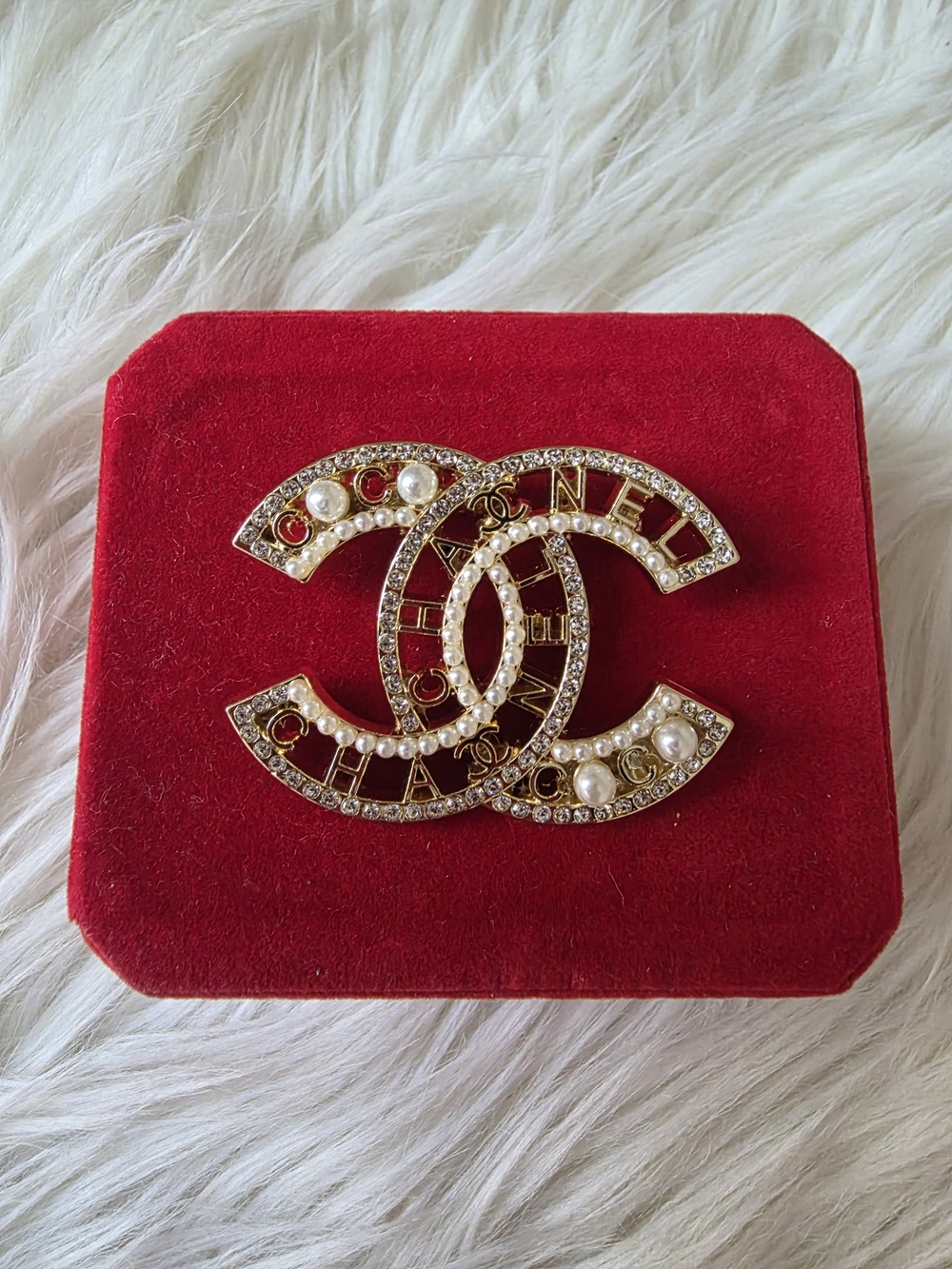 Gold-Tone Crystal & Pearl CC Brooch